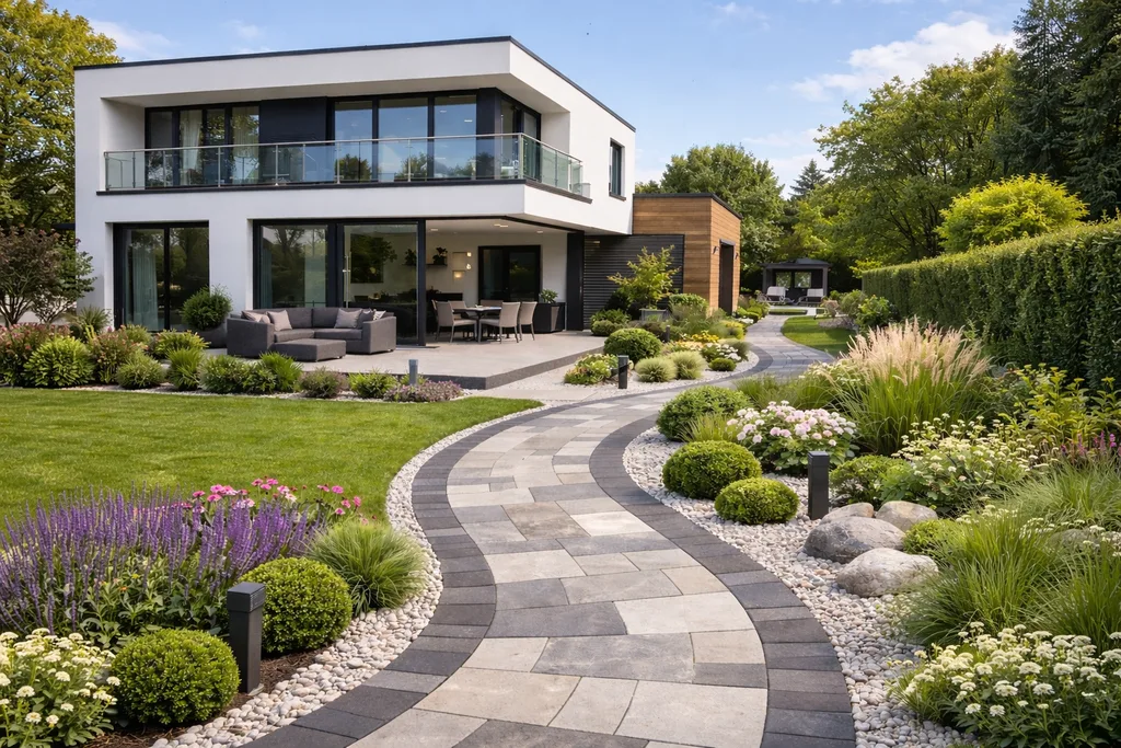 Modernes Einfamilienhaus mit hochwertiger Gartengestaltung und Pflasterweg – Referenzprojekt UBW Ulukoc Bau Wittlich